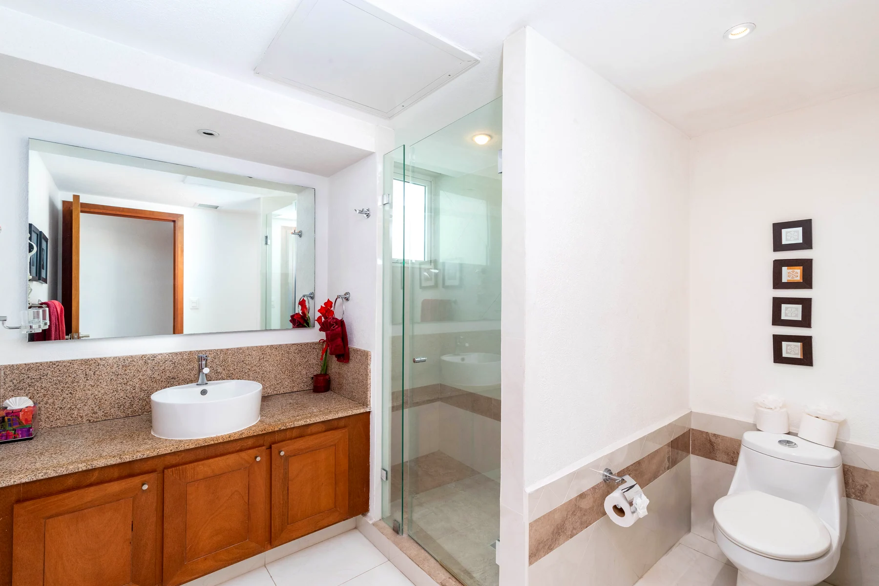 Full bathroom with glass shower and stone basin